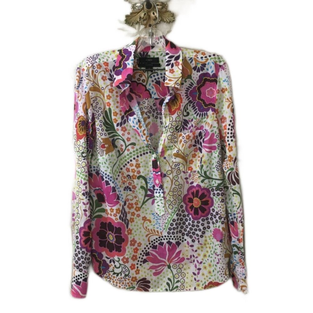 J. Crew Ratti Retro Floral Shirt Classic Fit Organic Cotton Popover-Size 0